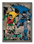 Obraz 60x80 przedstawia Batmana i jego towarzysza na kreskówkowym tle