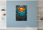 aranżacja wnętrza z obrazem przedstawiającym tors z symbolem Supermana na błękitnej ścianie w pokoju
