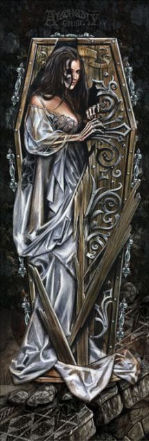 Duży pionowy plakat w gotyckim stylu z kobietą wychodzącą z drewnianej trumny