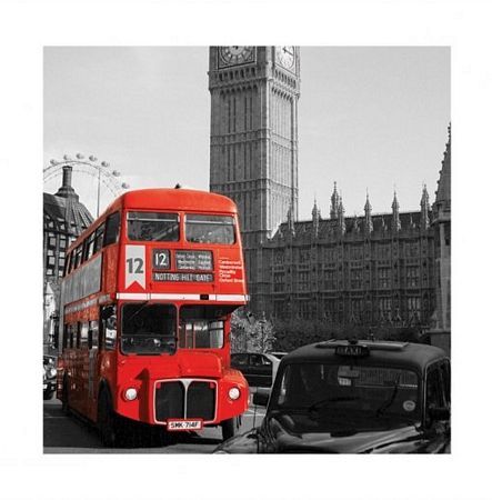 Reprodukcja przedstawiająca kultowy czerwony Londyński autobus.