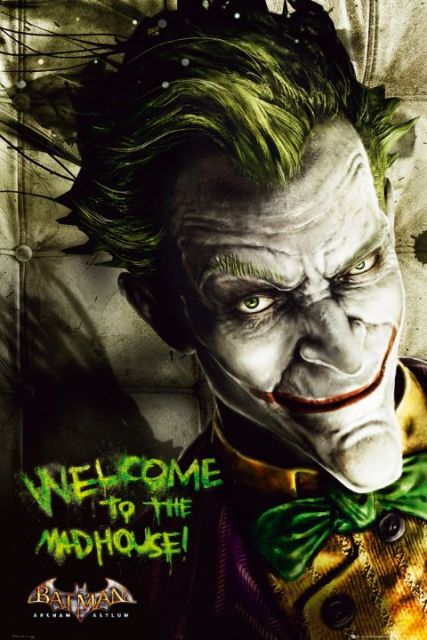 duży plakat na którym widzimy mroczną, groźną z rozwianym włosem postać Jokera z filmu Batman