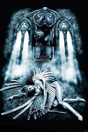 Plakat przedstawiający upadłego anioła na tle strzelistych gotyckich okien