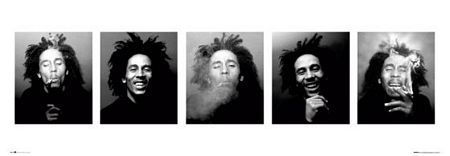 reprodukcja z pięcioma czarno-białymi zdjęciami Boba Marleya