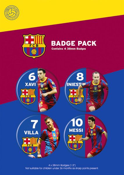 zestaw czterech przypinek z piłkarzami FC Barcelony - Xavi, Iniest, Villa, Messi