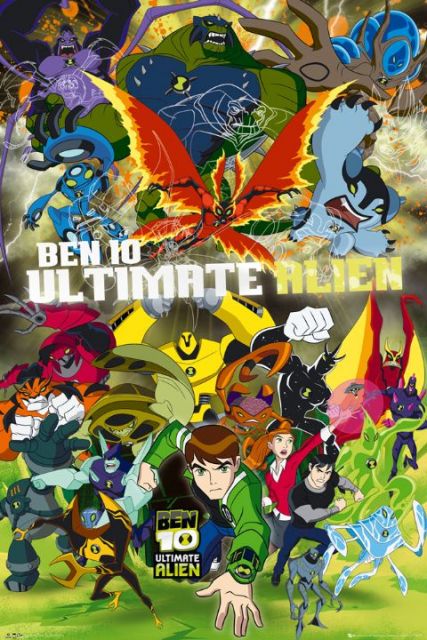 plakat na ścianę dla fana serialu animowanego Ben 10 Alien Force przedstawiający Bena z zegarkiem omnitrix na tle potworów