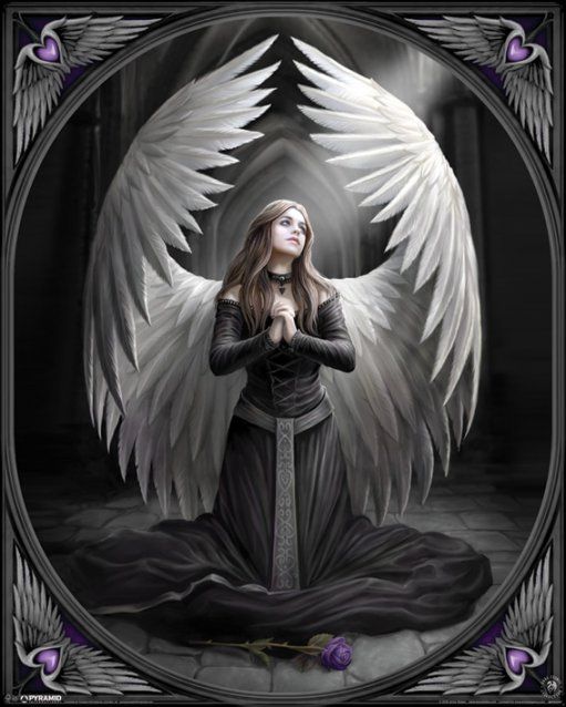 Plakat autorstwa brytyjskiej artystki Annę Stokes przedstawiający modlącego się anioła