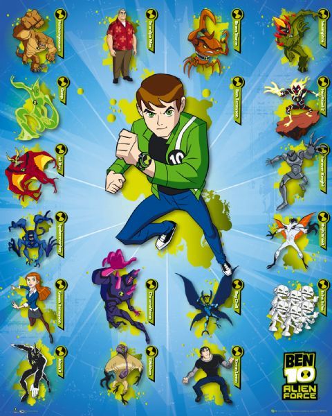 plakat na ścianę dla fana serialu animowanego Ben 10 Alien Force przedstawiający Bena z zegarkiem omnitrix i innych bohaterów