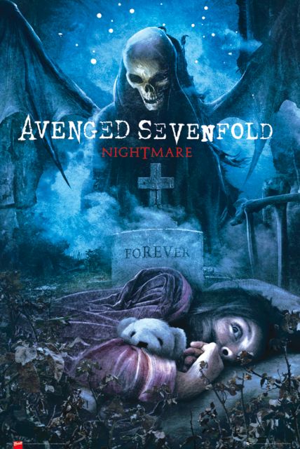 Pionowy plakat na ścianę zespołu Avenged-Sevenfold zatytułowany koszmar przedstawia śpiącą dziewczynkę i upiora na cmentarzu