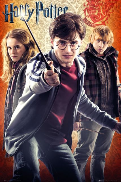 plakat z aktorami Harrego Pottera, Rupert Grint, Emma Watson i Daniel Radcliffe jako Hermiona, Ron i Harry