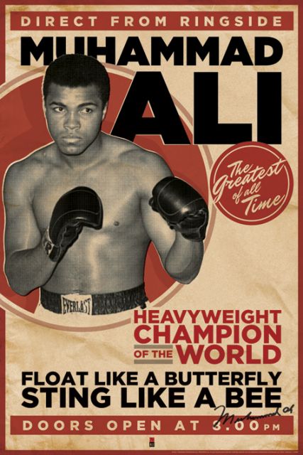 plakat reklamujący walkę Muhammeda Ali-ego z podpisem Float like a butterfly