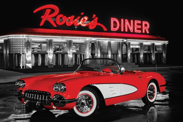 plakat na ścianę z czerwonym samochodem zaparkowanym przez restauracją Rosie's Diner