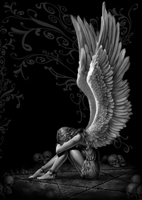 czarno-biały plakat z aniołem siedzącym pośród czaszek