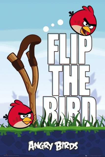 Plakat z gry Angry Birds przedstawia dwa ptaki i procę