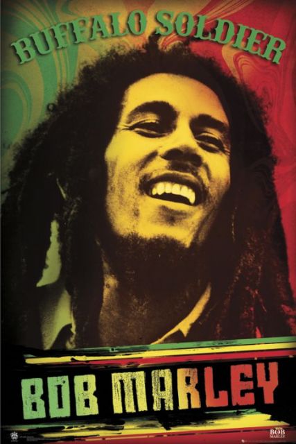 plakat na ścianę z uśmiechniętym Bobem Marleyem w kolorach rasta