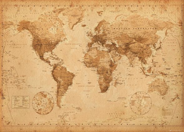 Duża, brązowa mapa świata w stylu vintage na ścianę