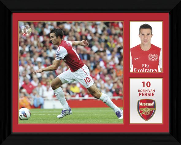 Mały obraz przedstawiający sylwetkę piłkarza klubu Arsenal Robina van Persie z autografem