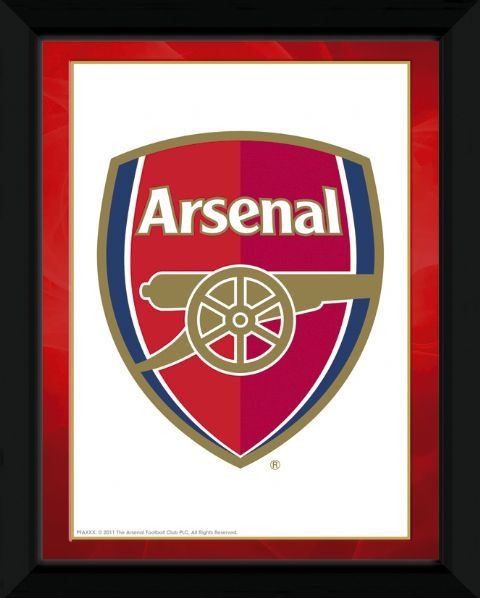 Mały obraz z logo klubu piłkarskiego Arsenal w czarnej drewnianej ramie