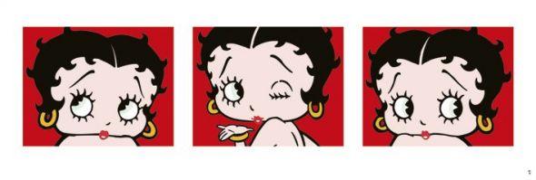 plakat będący tryptykiem który przedstawia portrety Betty Boop na czerwonym tle w białych ramkach