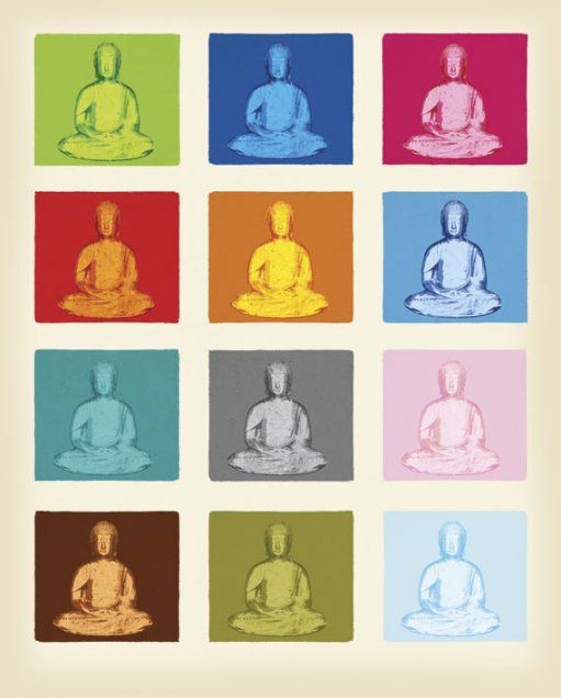 plakat z posągiem buddy w kilku wersjach kolorystycznych
