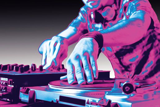 różowo-niebieski plakat przedstawiający grającego dj'a