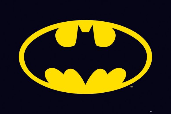 duży plakat przedstawiający klasyczne logo z czarnym nietoperzem w żółtej elipsie na czarnym tle z komiksu Batman
