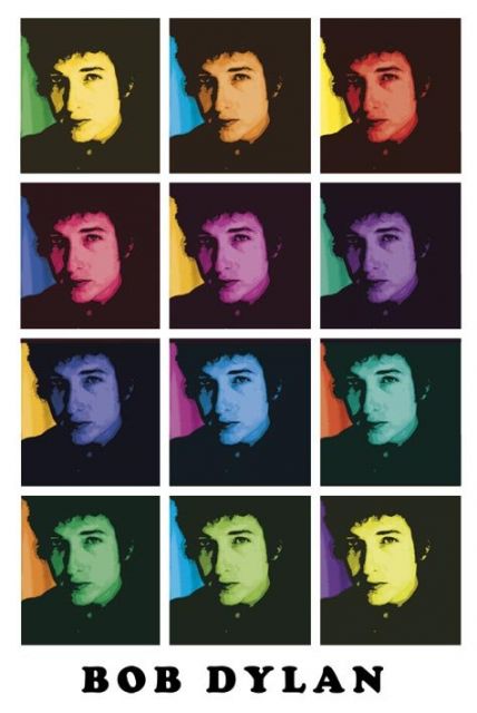 plakat przedstawiający portret Boba Dylana w kilku wersjach kolorystycznych