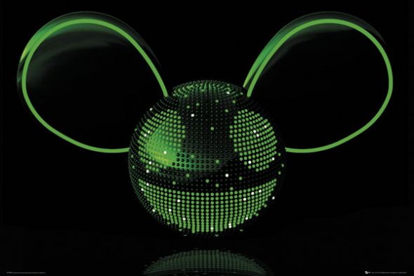 plakat o wymiarach 91,5x61 cm nawiązujący do okładki płyty Deadmau5 Neon, widzimy neonowe kontury myszy o wielkich uszach, oczach i uśmiechu na czarnym tle