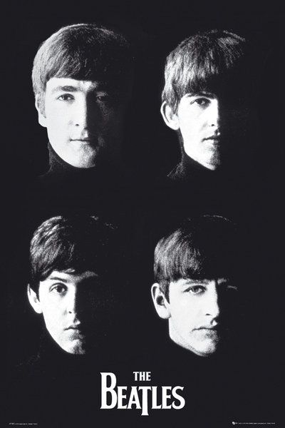 czarno-biały plakat członków zespołu The Beatles