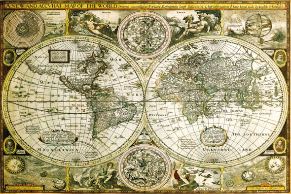 Plakat przedstawiający historyczną mapę świata