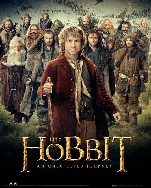 Plakat z filmu Hobbit z Bilbo Bagginsem i całą drużyną krasnoludów