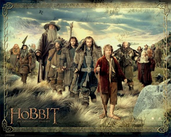 Ekipa krasnoludów z Bilbo Bagginsem na czele na plakacie filmowym