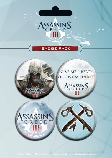 Zestaw czterech dużych przypinek z gry Assassins Creed
