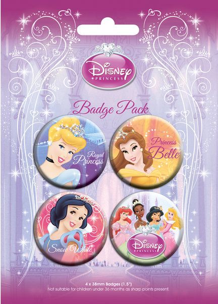zestaw czterech kolorowych przypinek z księżniczkami z bajek Disneya