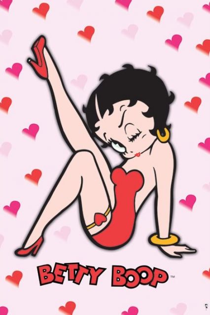 plakat przedstawiający Betty Boop ubraną w czerwoną sukienkę i szpilki wysyłającą oczko na różowym tle z serduszkami