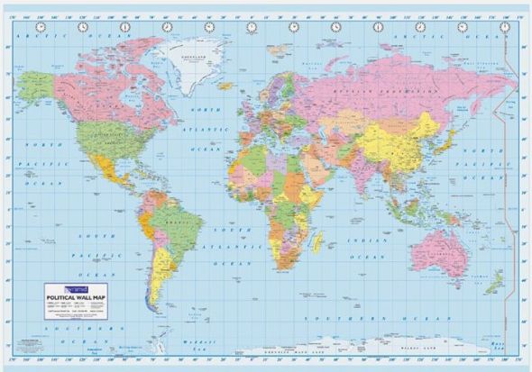 kolorowa, polityczna, ścienna mapa świata w języku angielskim