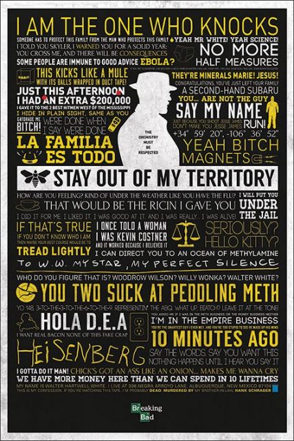 plakat typograficzny z tekstami z serialu Breaking Bad i postacią Heisenberga
