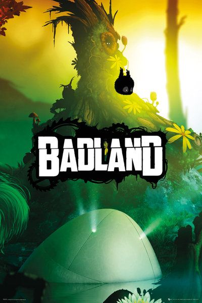 plakat promujący grę komputerową Badland Cover o przygodach kulistego stworzonka ubranego w kolczaste futerko na tle tytułowej Złej Ziemi