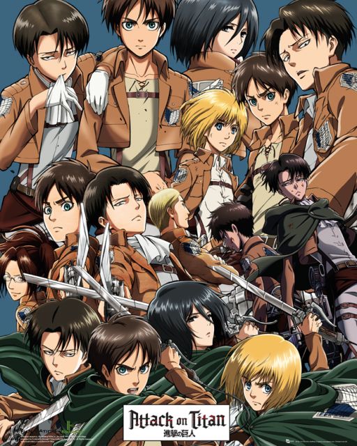 plakat bohaterów z mangi zatytułowanej Attack on Titan