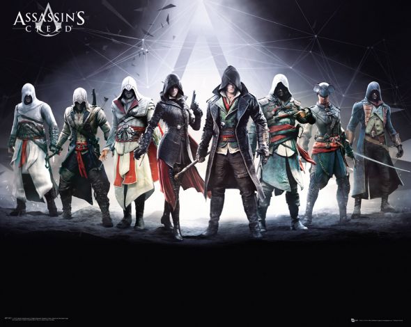 plakat Desmonda Milesa z assassin's creed i innymi postaciami z gry