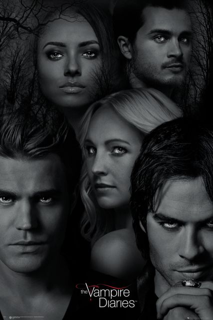 Plakat z serialu Pamiętniki Wampirów ze Stefanem, Damonem, Enzo, Bonnie i Caroline