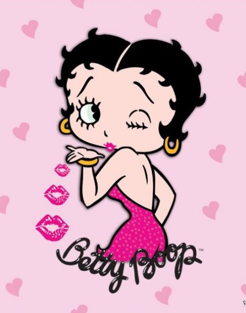 plakat na ścianę z kucającą Betty Boop i przesyłającą całusy na różowym tle