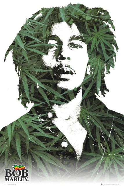 plakat z portretem Boba Marleya z liśćmi marihuany na głowie