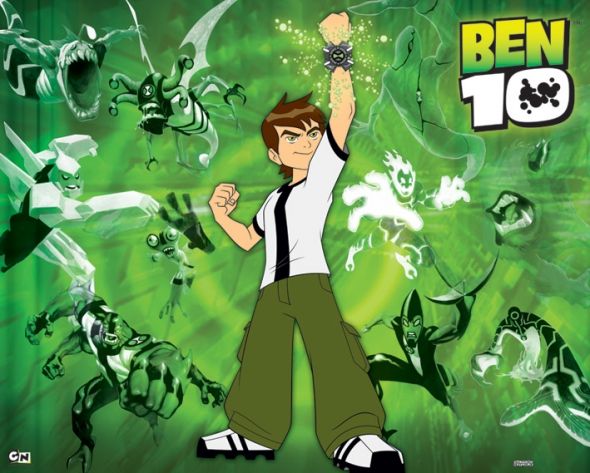 plakat o wymiarach 50x40 cm z tytułowym bohaterem serialu animowanego Ben 10 na tle innych potworów na zielonym tle