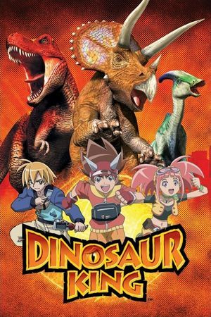 plakat z Dinosaur King przedstawiający na pomarańczowo - czerwonym tle trójkę przyjaciół Max, Rex i Zoe, oraz za nimi trzy dinozaury