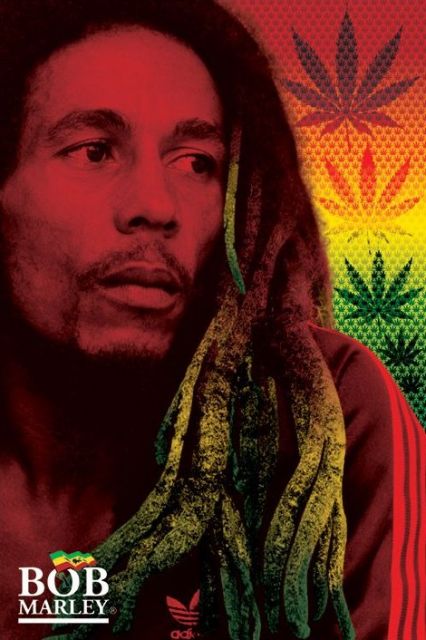 plakat o wymiarach 61x91,5 cm twarzą Boba Marleya a z prawej strony z motywem marichuany na tle kolorów rasta