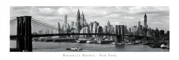 czarno-biały plakat o wymiarach 158x53 cm z panoramą Nowego Jorku z Brooklyn Bridge