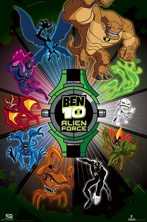 Plakat przedstawia omnitrixa - niby zegarek dzięki któremu bohater może się wcielać w kosmitów pokazanych wokół zegarka, by bronić ziemię przed złem