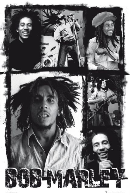 czarno-biały plakat o wymiarach 61x91,5 cm przedstawiający Boba Marleya na kilku zdjęciach