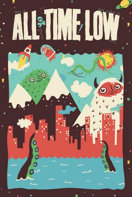 Kolorowy plakat zespołu All Time Low przedstawiający potwory w mieście