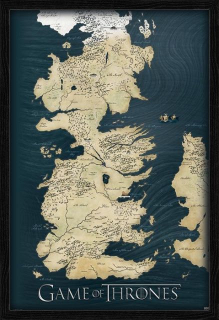 Mapa z gry o tron w czarnej drewnianej ramie gotowa do powieszenia na ścianie